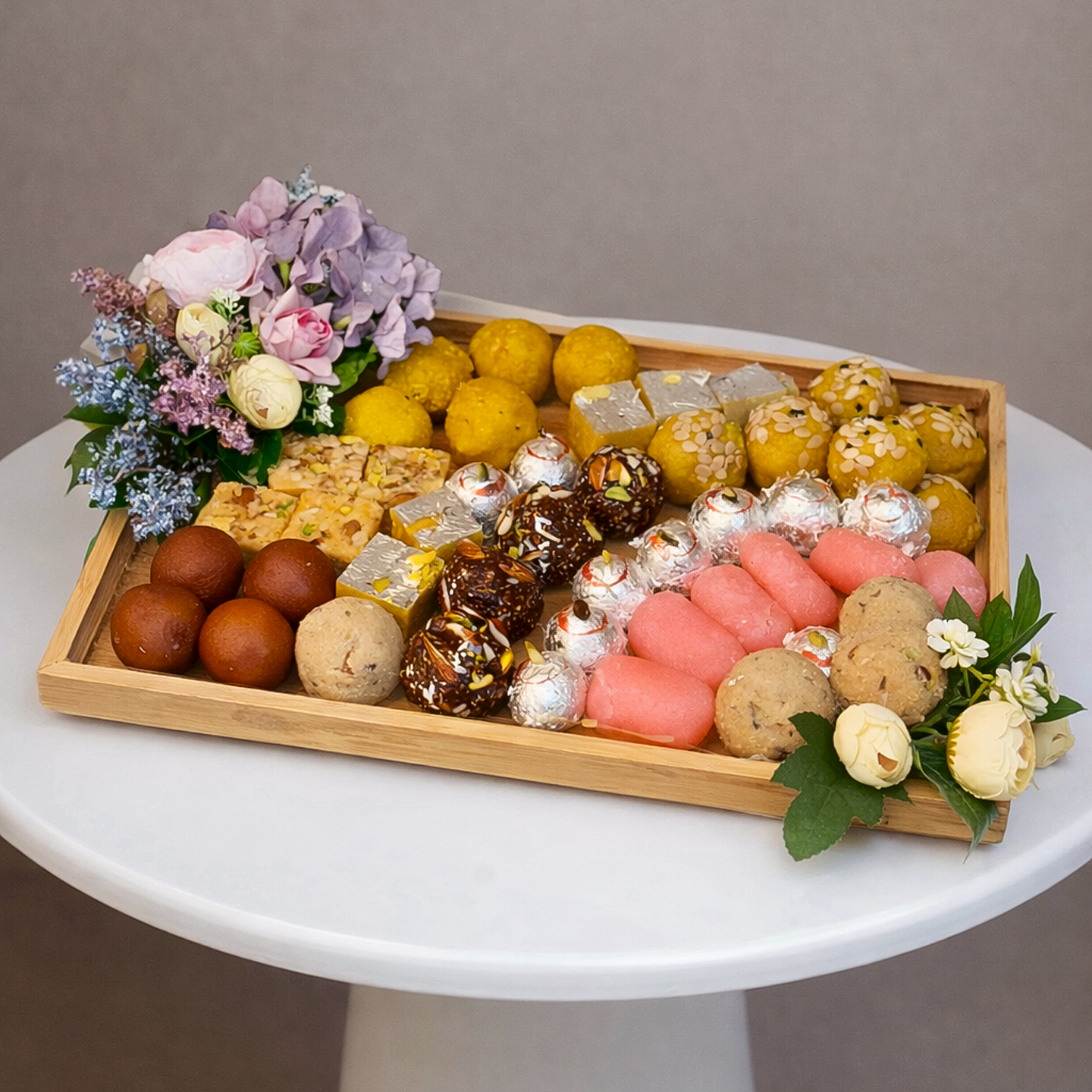 Bloom & Brew Signature Mithai & Floral Luxe Tray