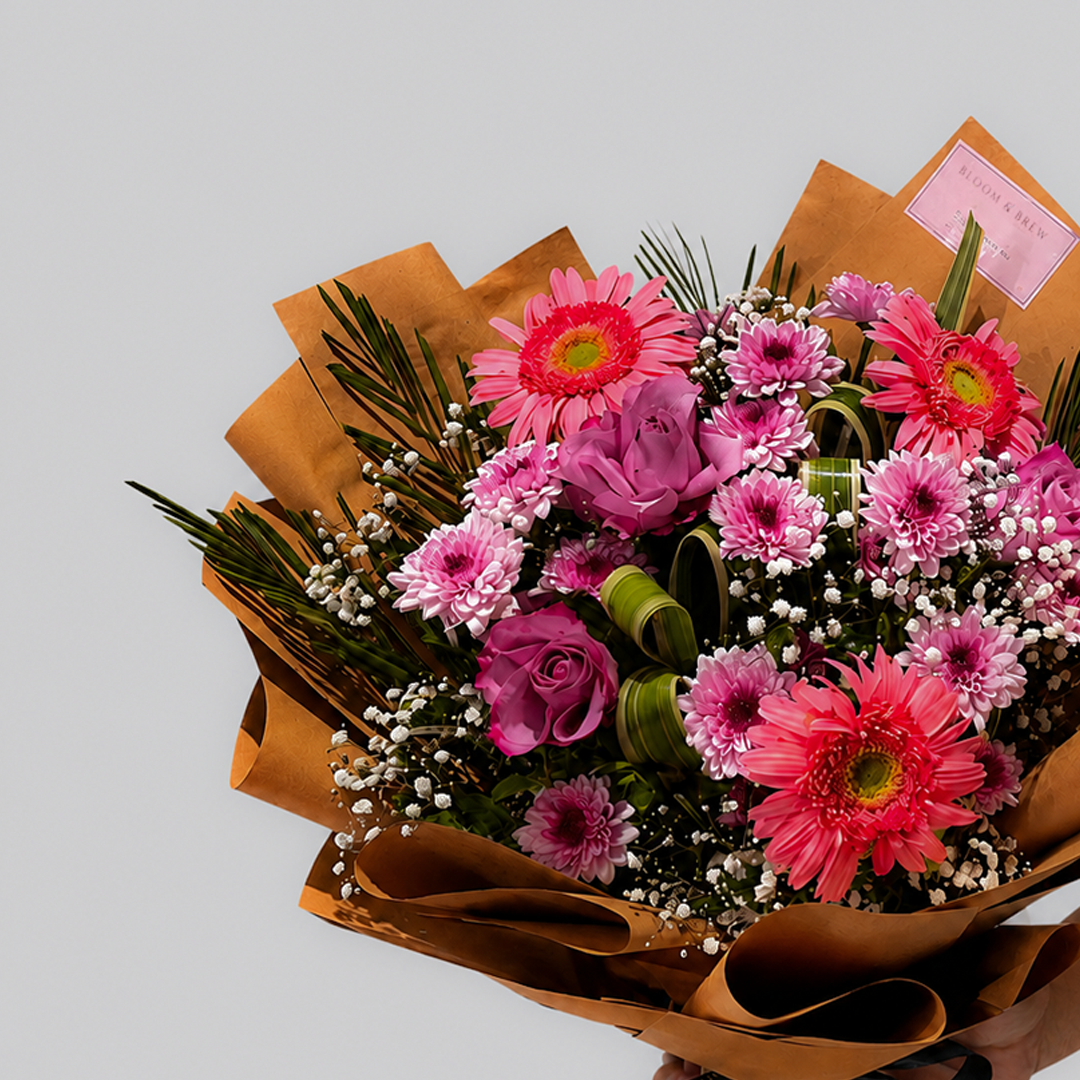 Pink Gerbera & Rose Earthy Kraft Paper Bouquet