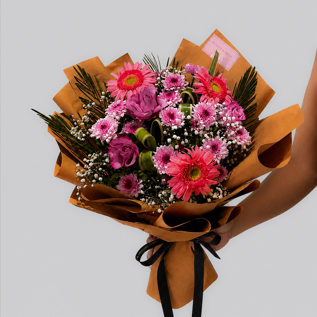 Pink Gerbera & Rose Earthy Kraft Paper Bouquet