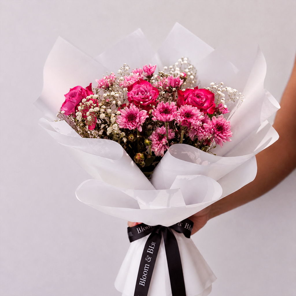 Premium Hot Pink Rose & White Wrap Bouquet