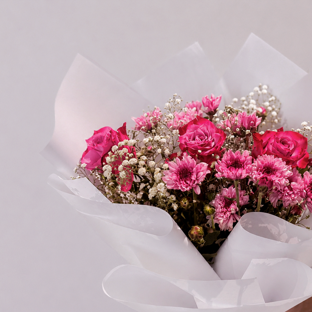 Premium Hot Pink Rose & White Wrap Bouquet